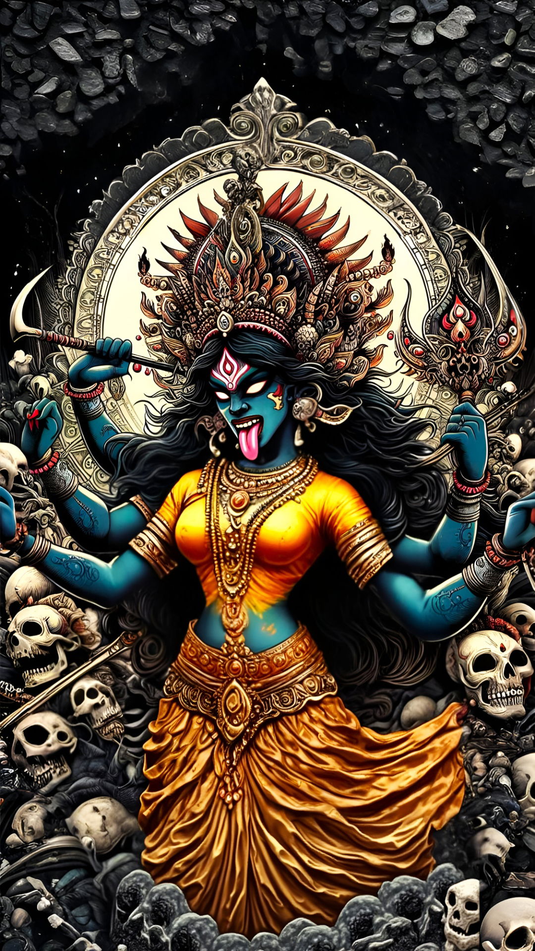 Fierce Kali Maa with skulls and weapons