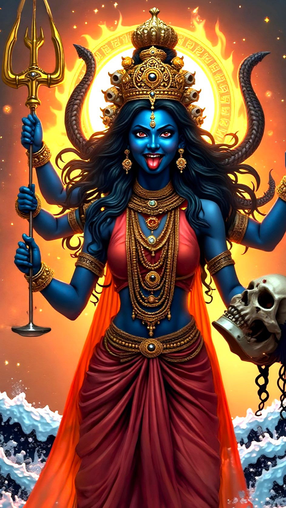 Powerful Kali Maa with trident and skull.