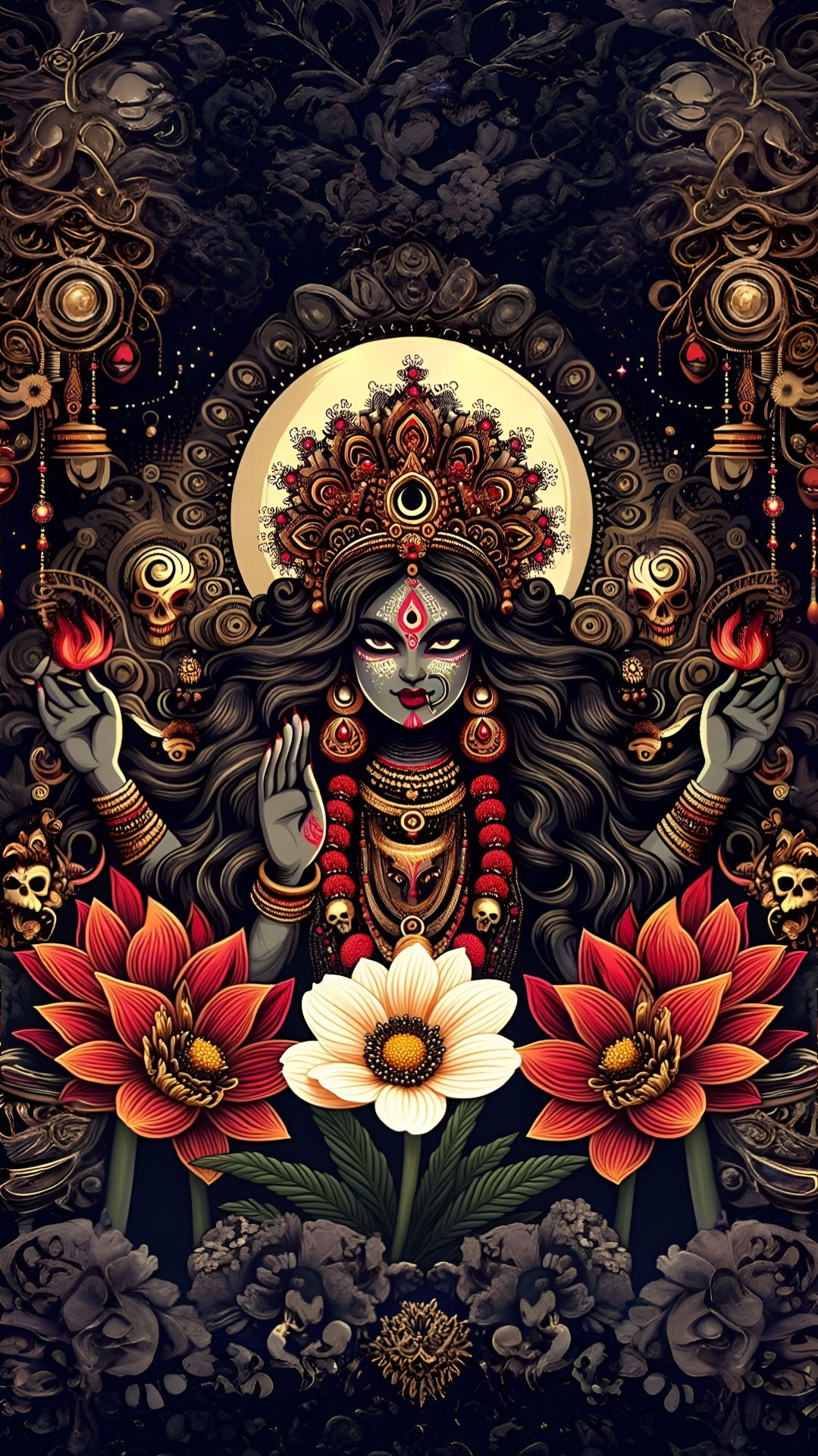 Fierce Kali Maa with lotus flowers.