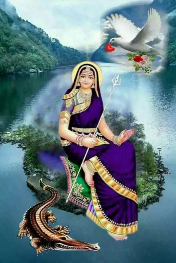 Khodiyar Maa seated by a peaceful lake.