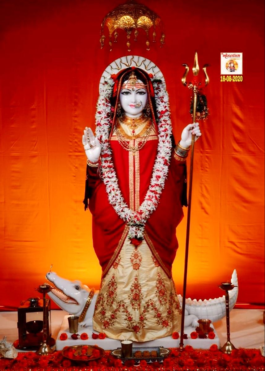 Khodiyar Maa with trident and crocodile