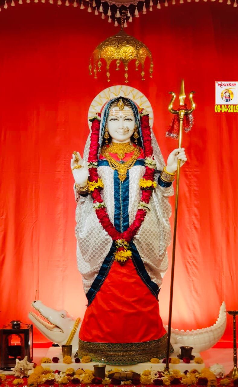 Khodiyar Maa with trident and crocodiles