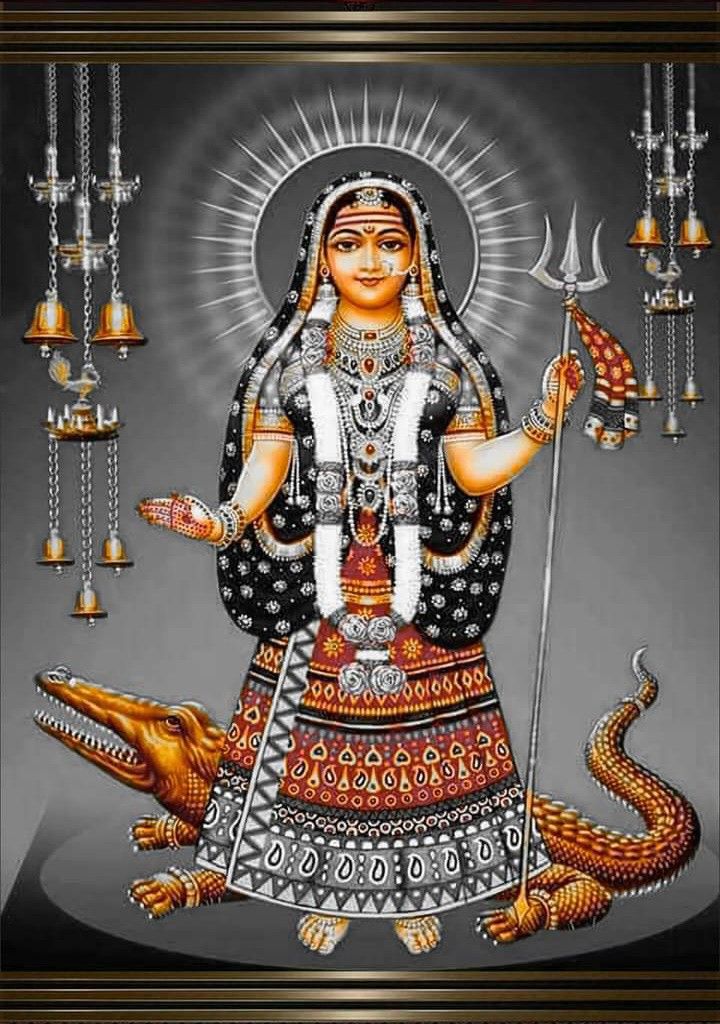 Khodiyar Maa with Trident and Crocodiles