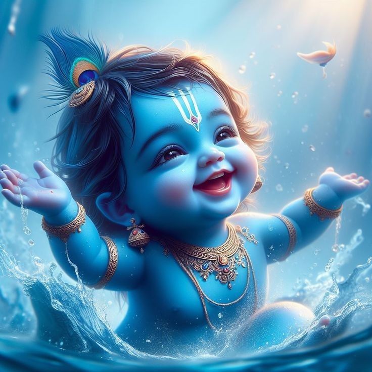 Baby Krishna playing joyfully in water