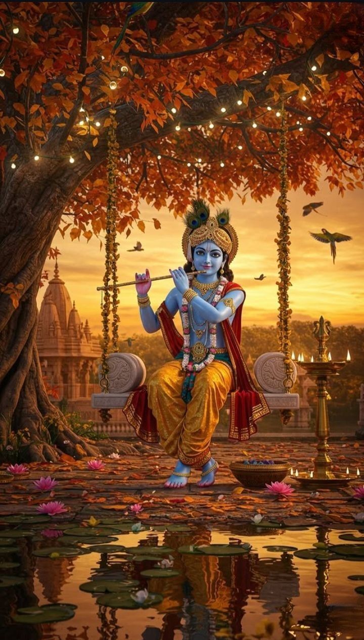 Krishna plays flute under autumn trees