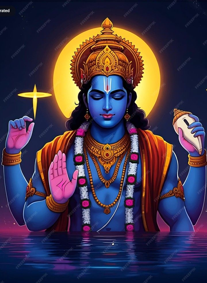 Blue-skinned Krishna bestows blessings.