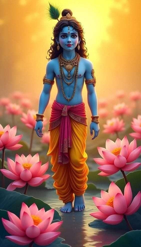 Blue-skinned Krishna walking on lotuses
