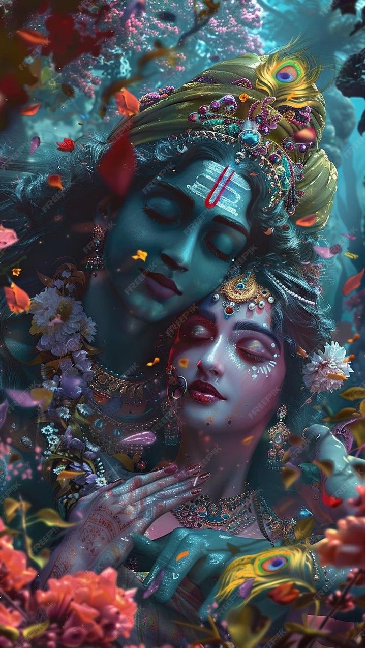 Krishna adorned with flowers and peacock feather.