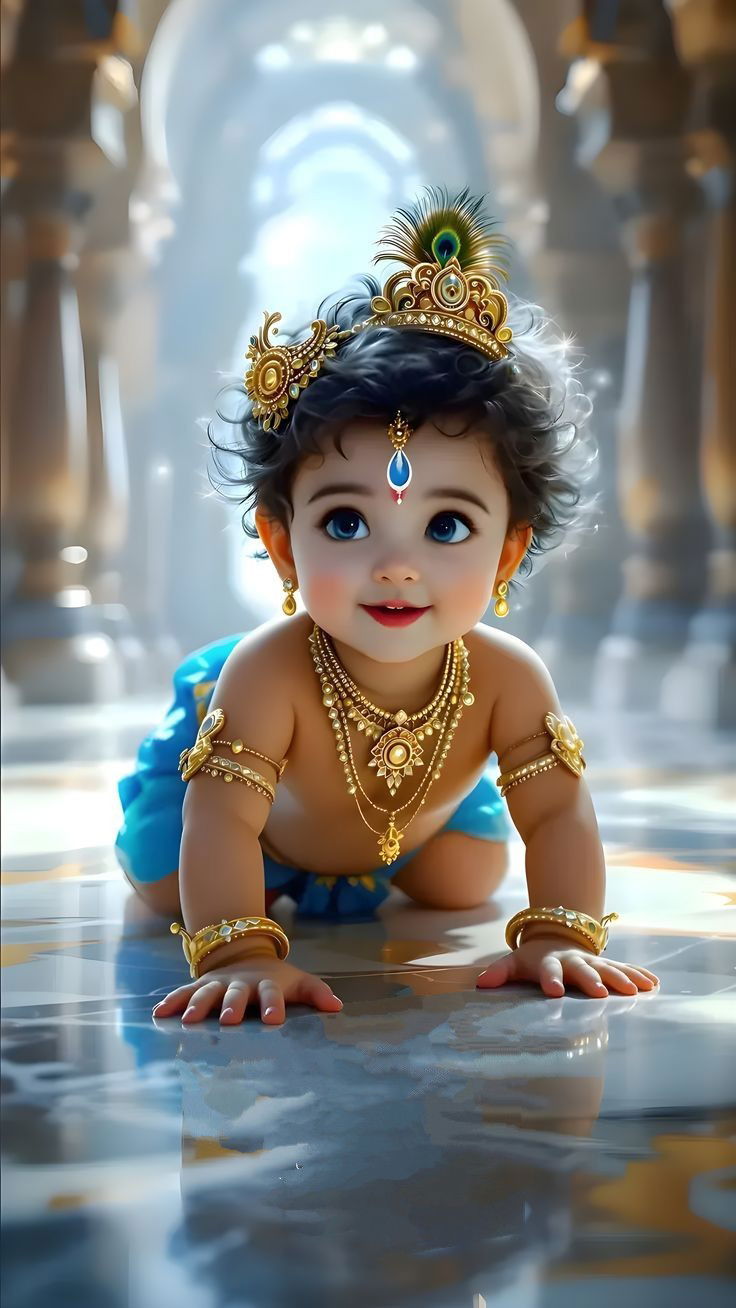 Baby Krishna crawling with peacock feather