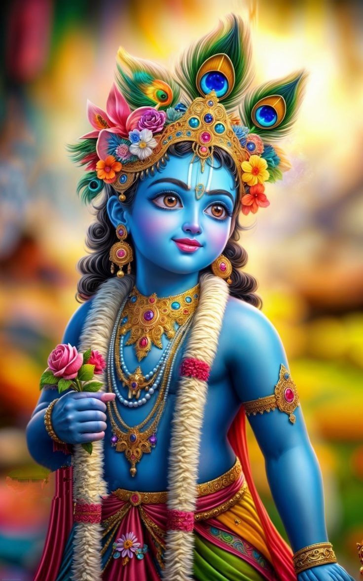 Divine child Krishna with peacock feather.