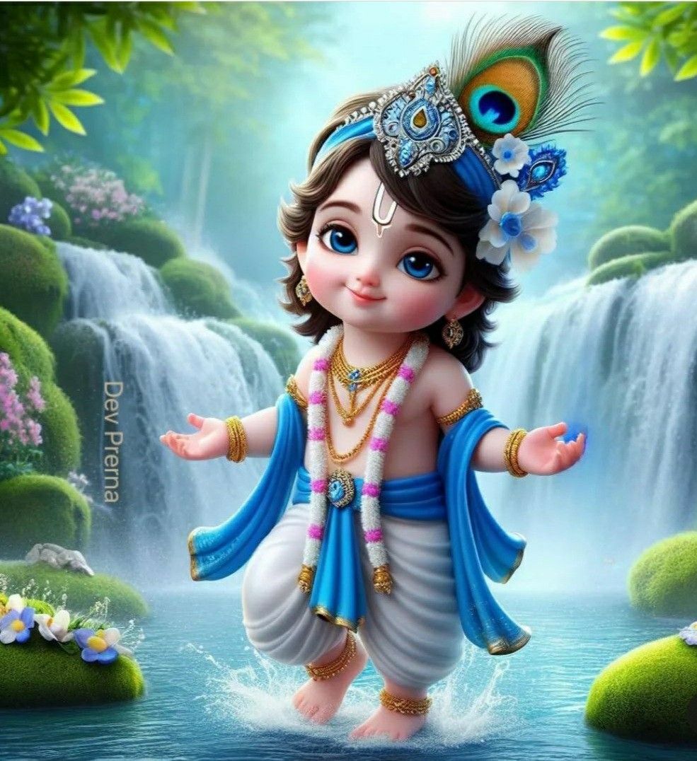Adorable Krishna playing near a waterfall.