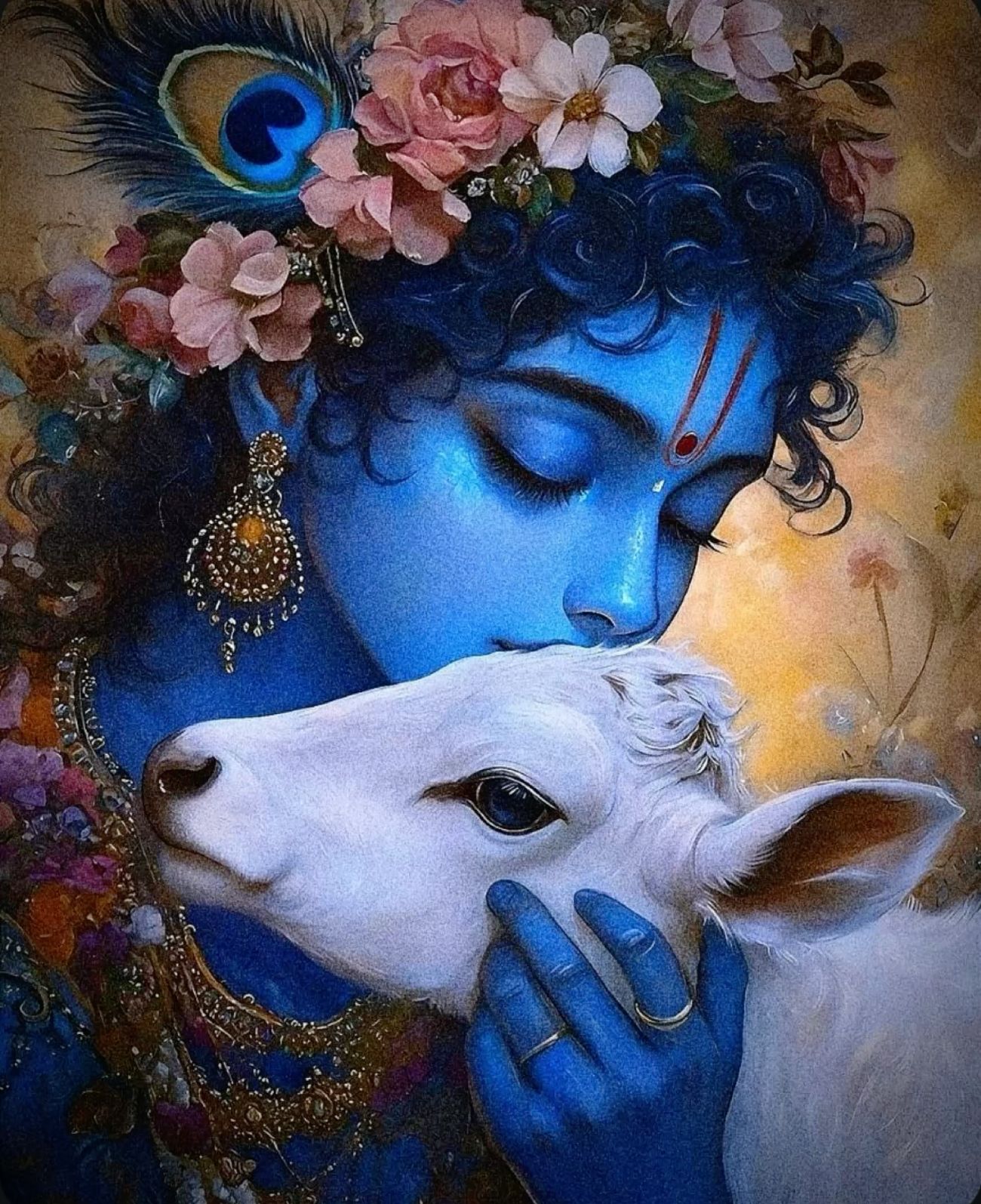 Krishna lovingly cradles a white calf