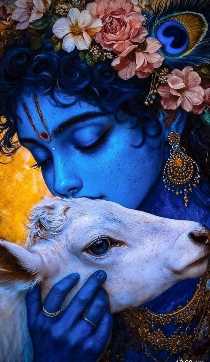 Krishna with calf and peacock feather