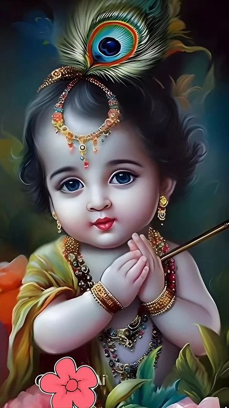 Adorable infant Krishna with peacock feather