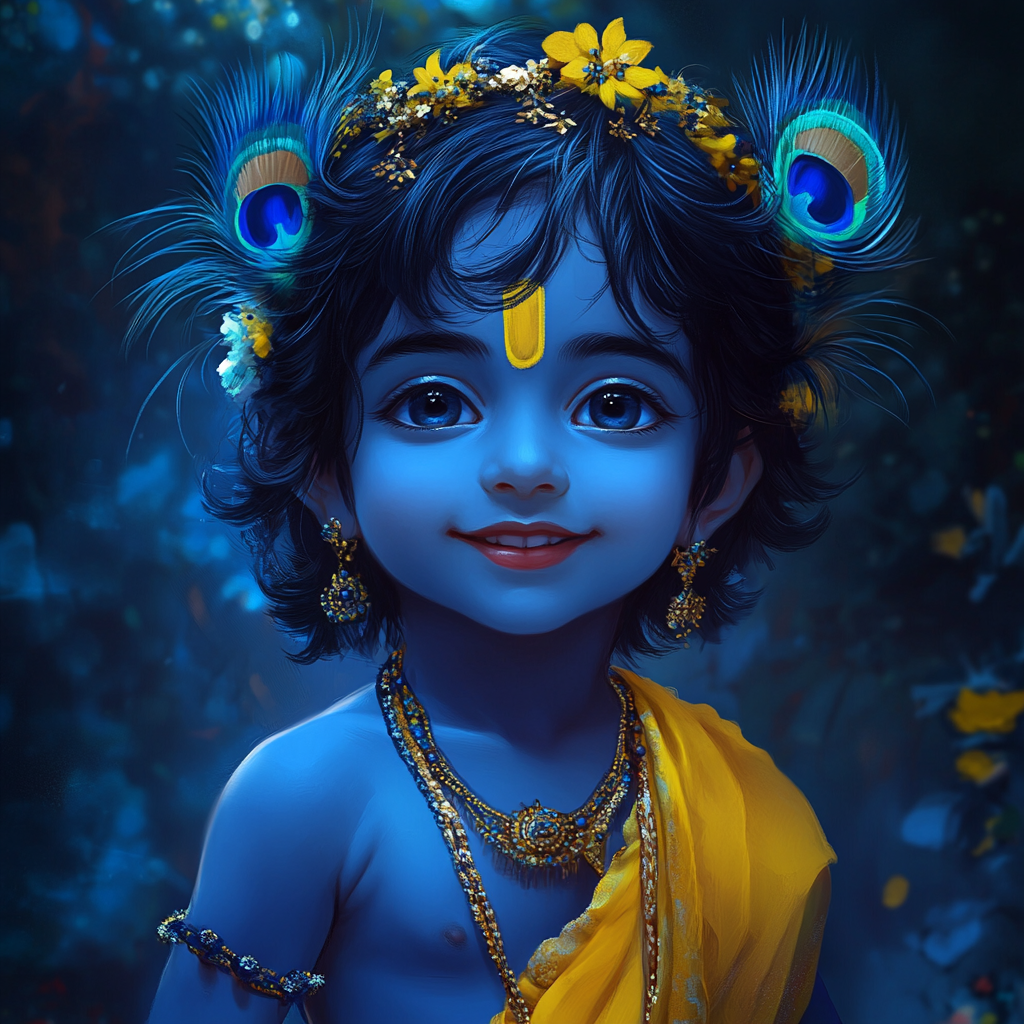 Adorable baby Krishna with peacock feather