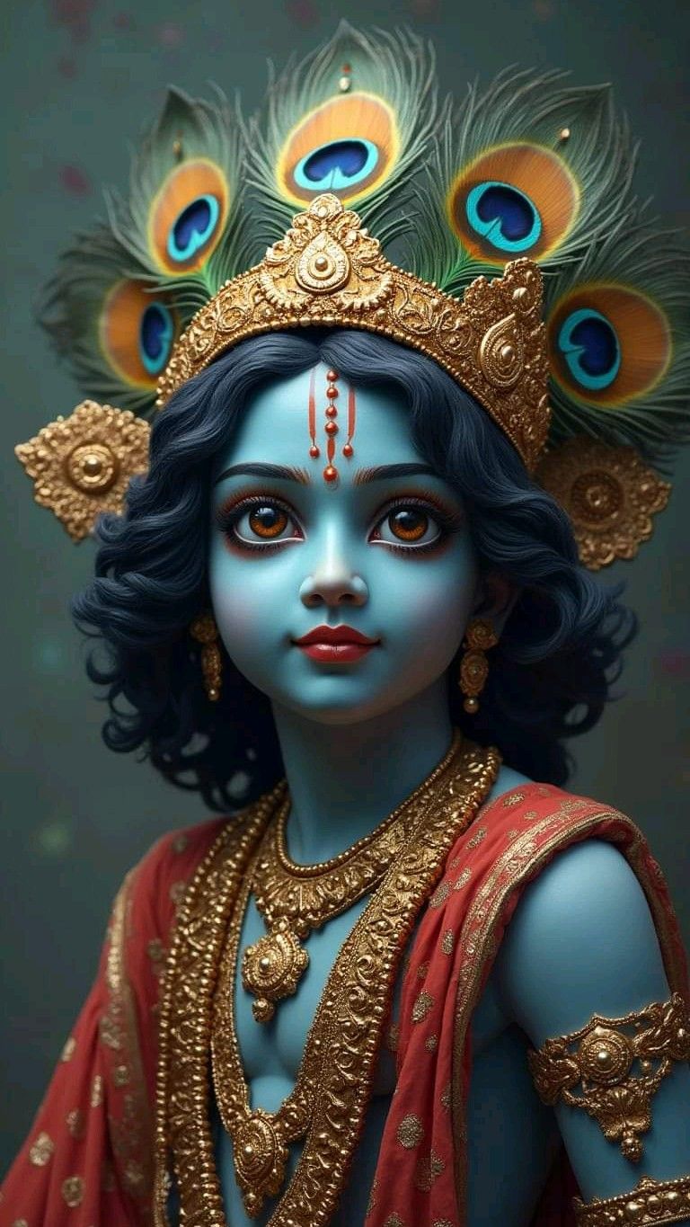 Blue-skinned Krishna with peacock feathers.