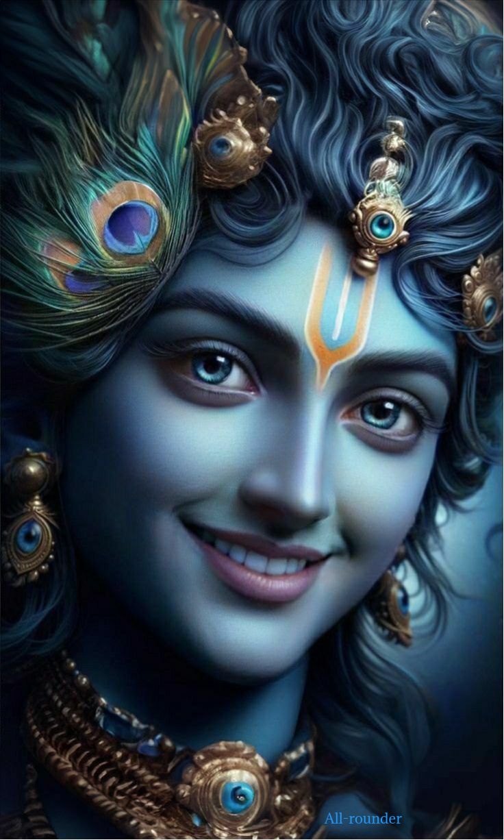 Smiling Krishna with peacock feather crown