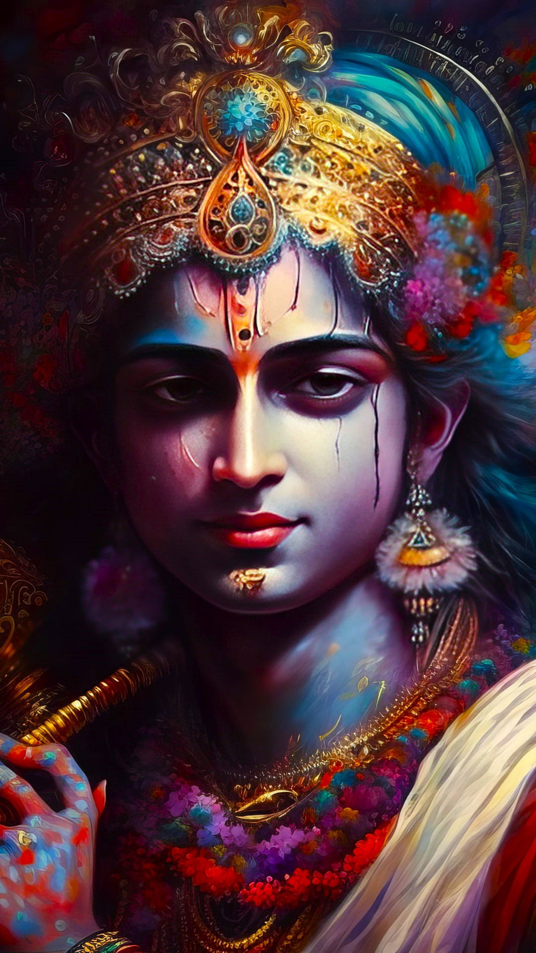 Divine portrait of Krishna with floral garland