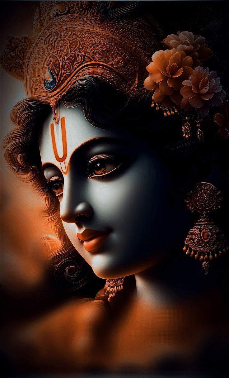 Blue-skinned Krishna with floral crown