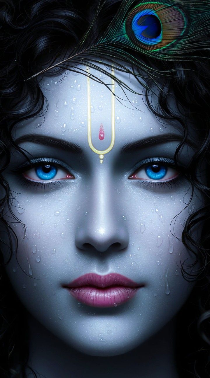 Blue-skinned Krishna face with peacock feather