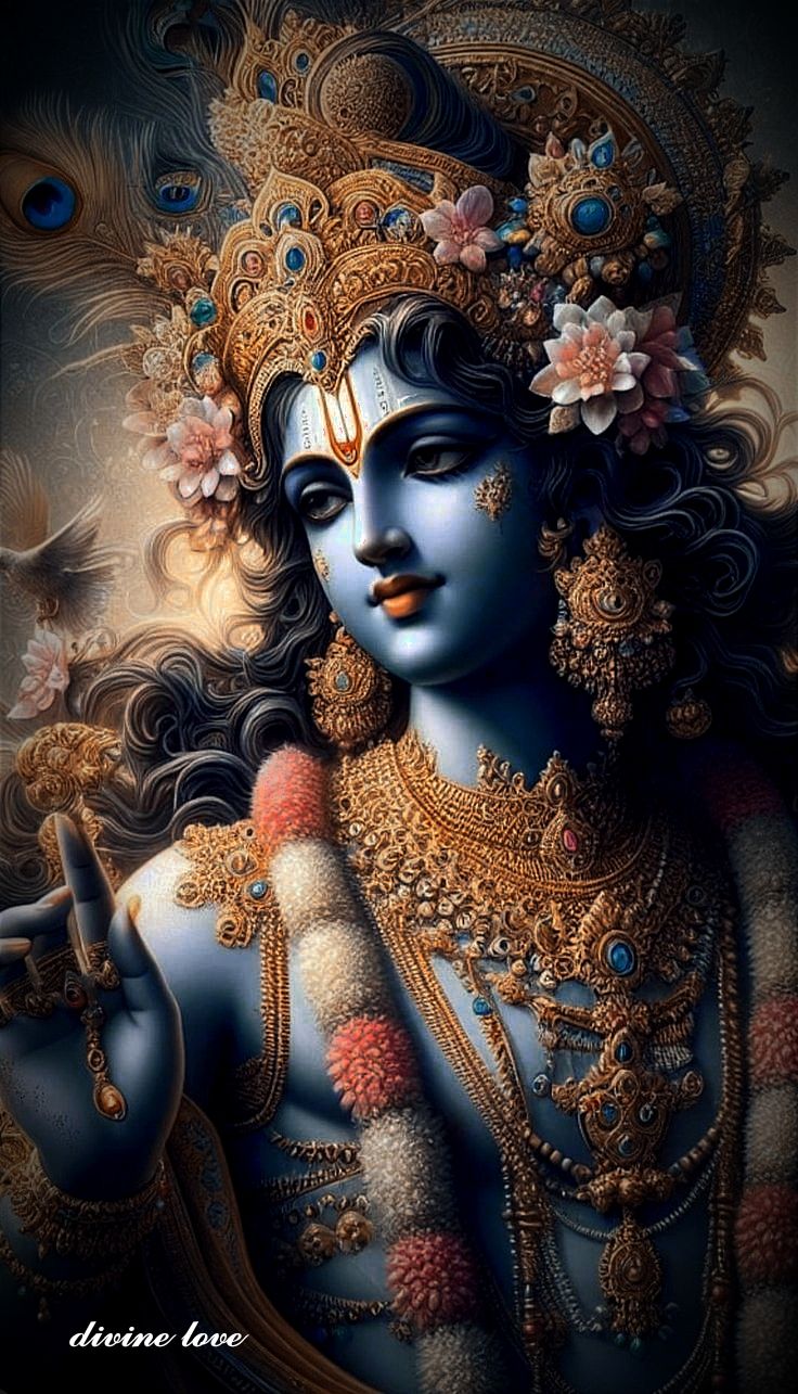 Blue-skinned Krishna with floral crown