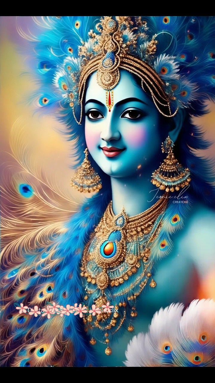 Blue-skinned krishna with peacock feather crown.