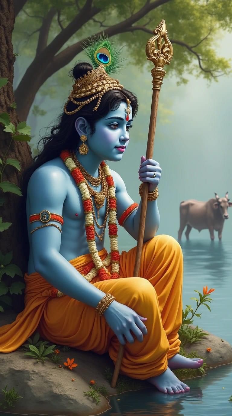 Lord Krishna resting in Vrindavan forest
