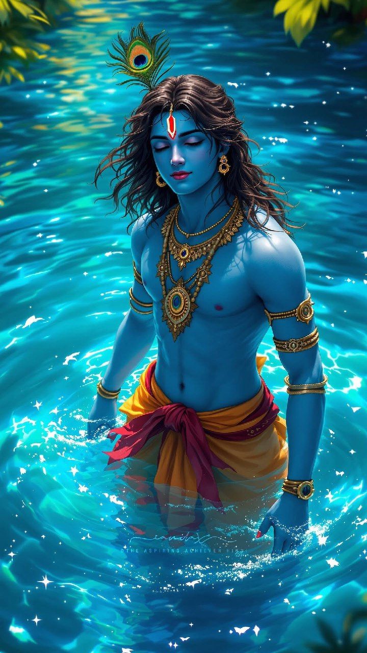 Blue Krishna immersed in cool water