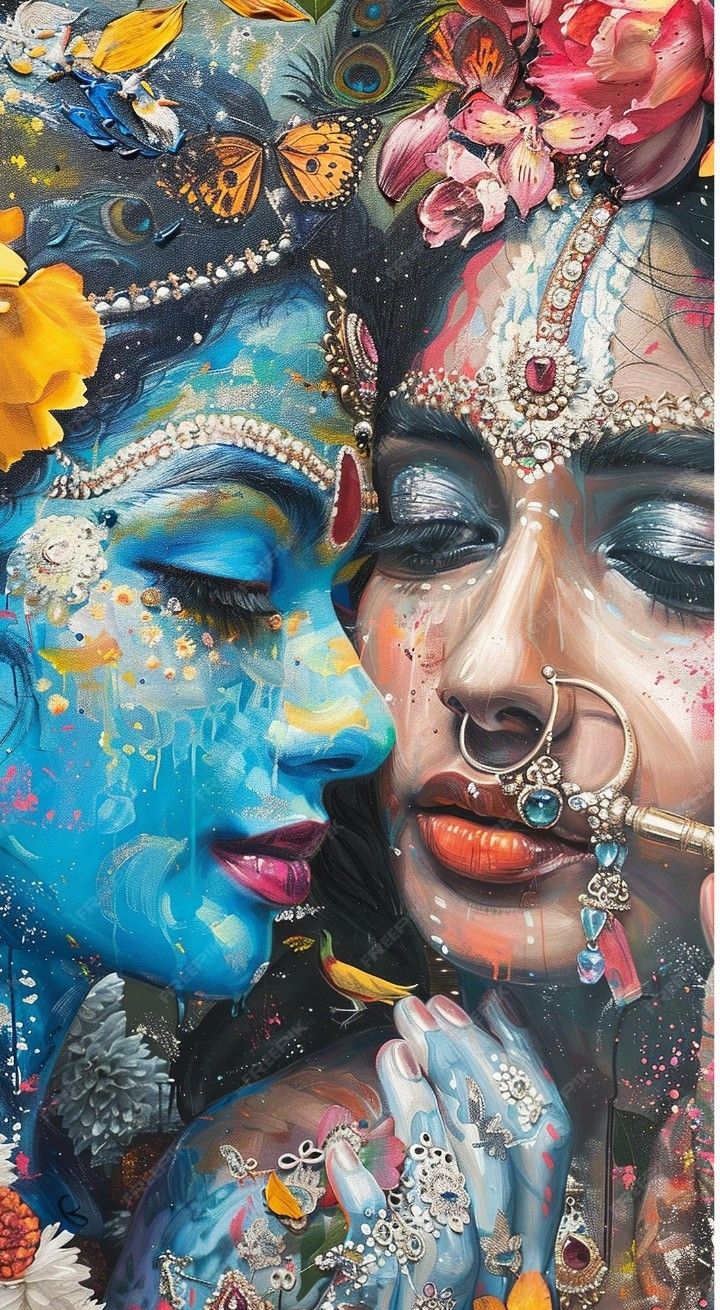 Blue-skinned Krishna portrait with floral adornments