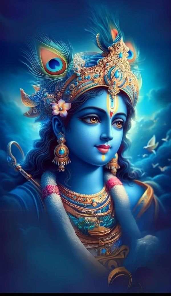 Blue-skinned Krishna with flute and feather