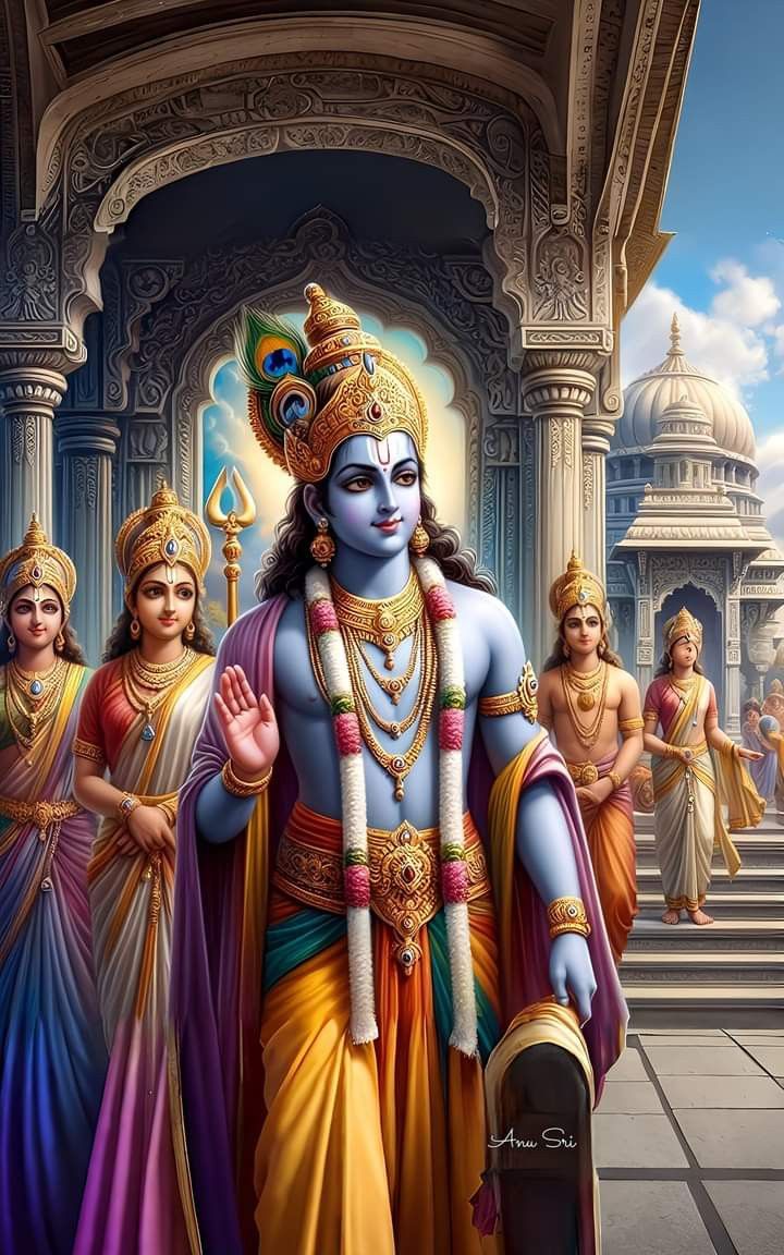 Lord Krishna playing flute with devotees.