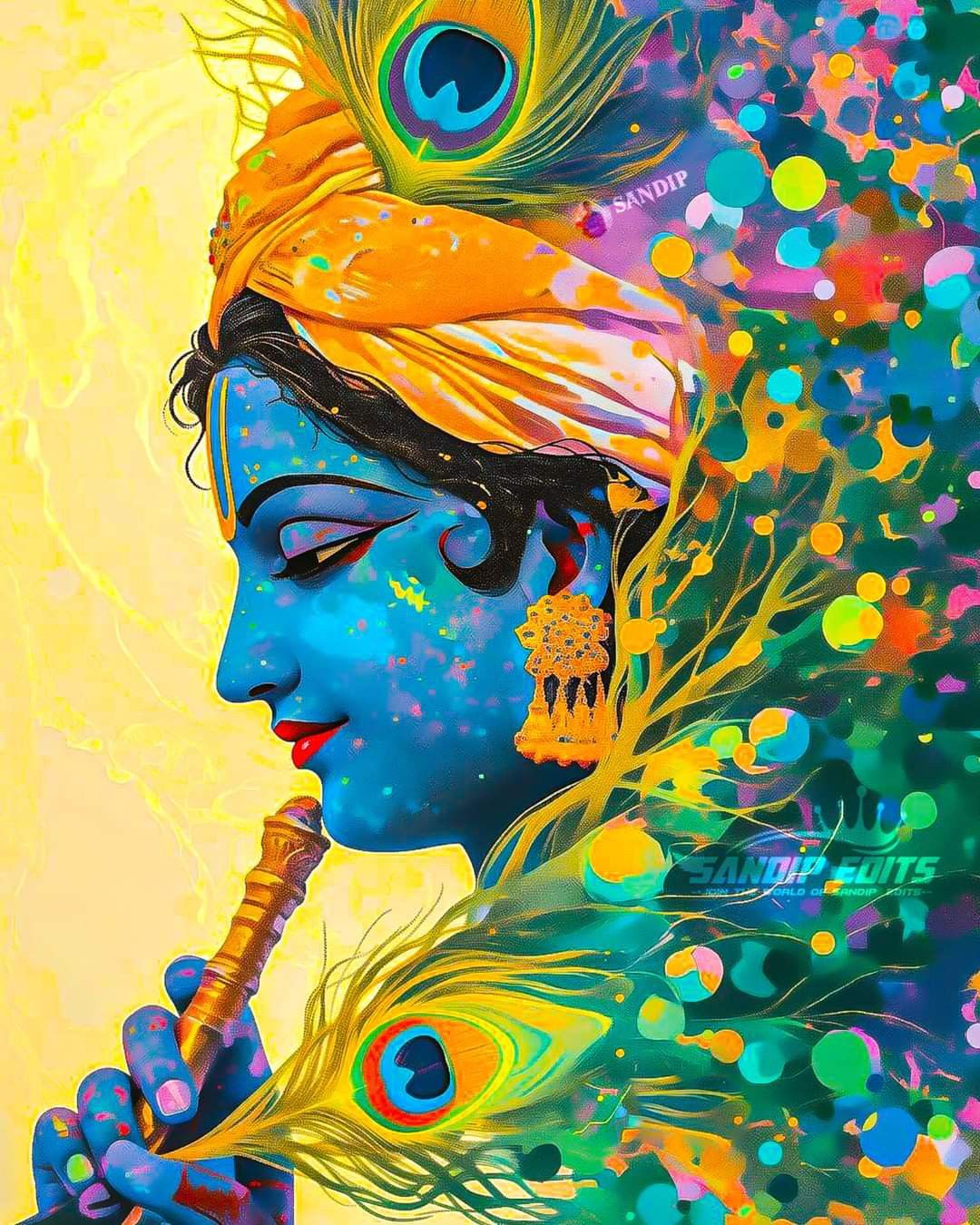 Krishna playing flute with peacock feather