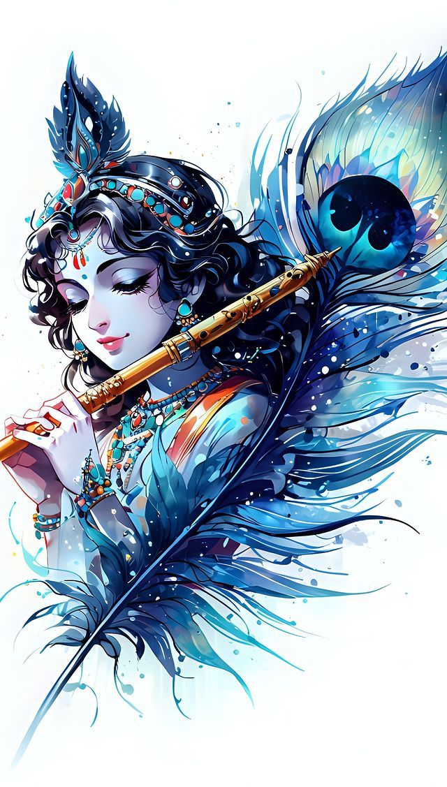 Krishna playing flute with peacock feather