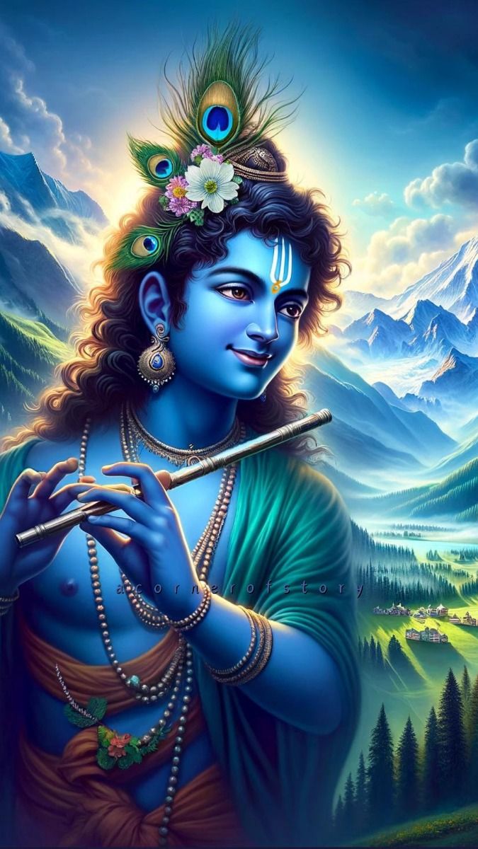 Krishna playing flute amidst mountains