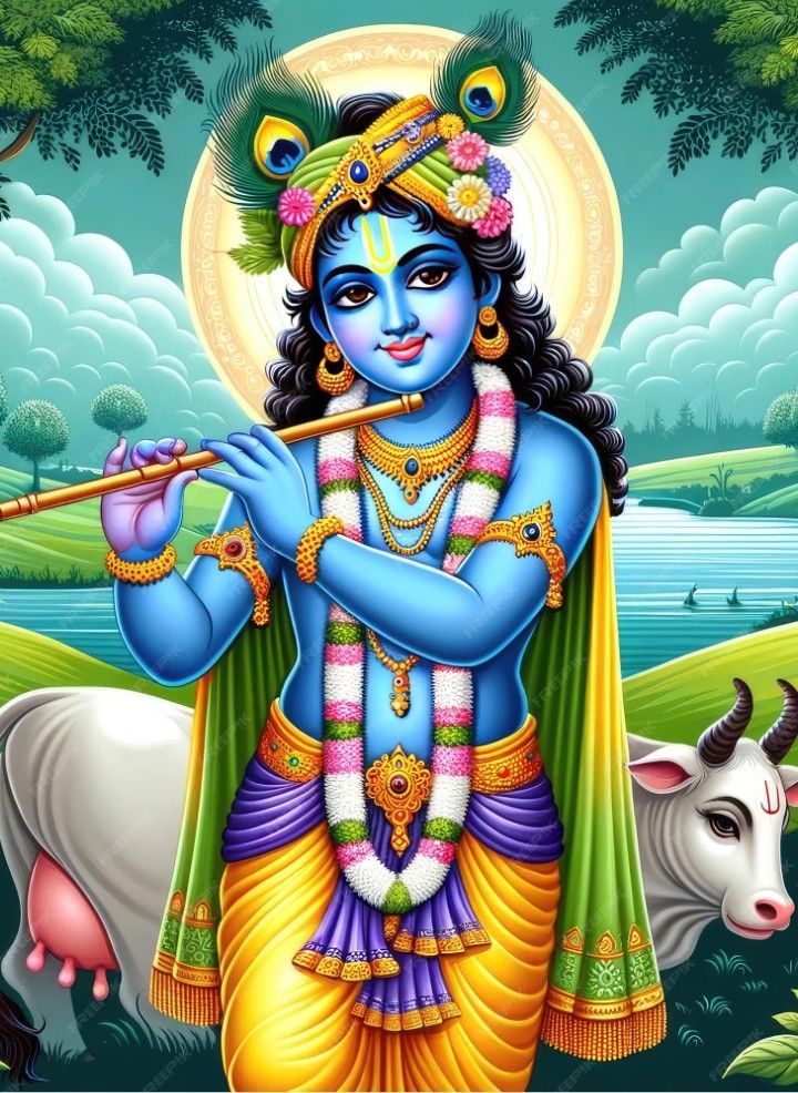 Lord Krishna playing a flute in forest.