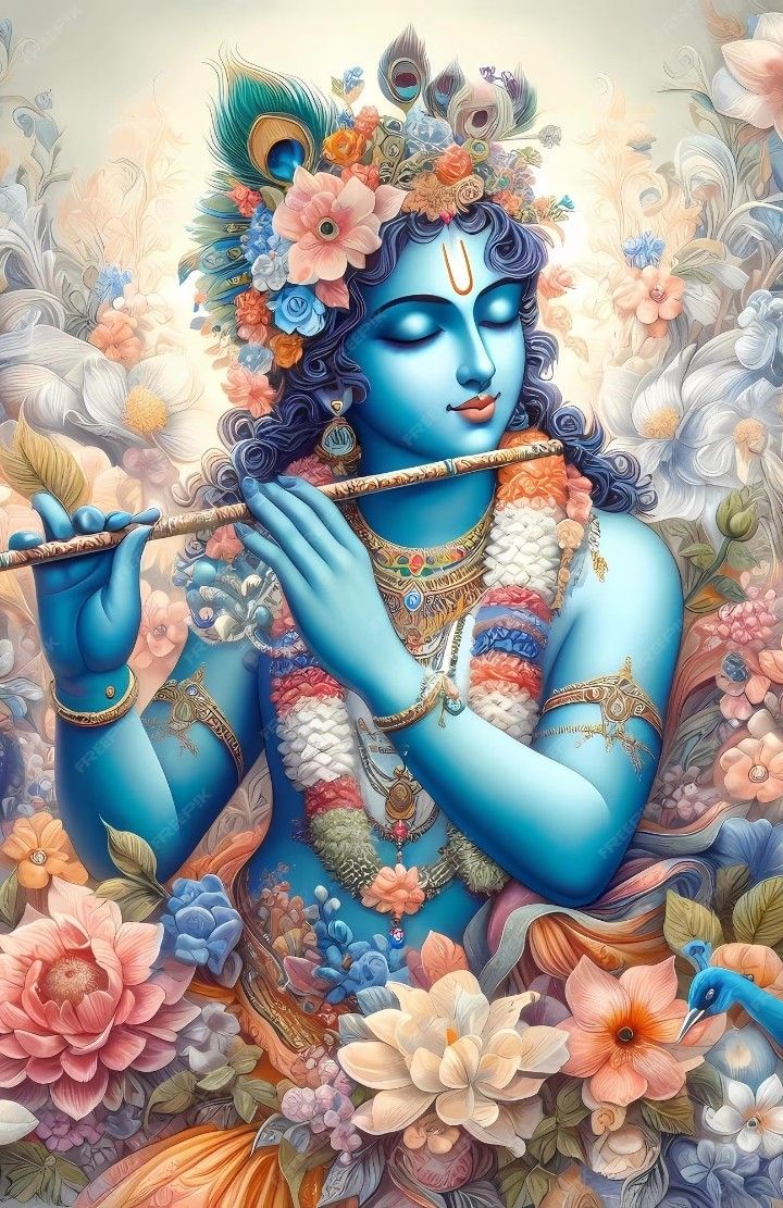 Krishna playing a flute amidst flowers