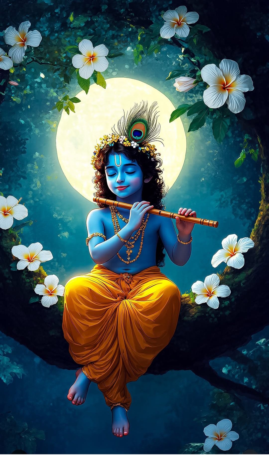 Krishna playing flute among lotus flowers