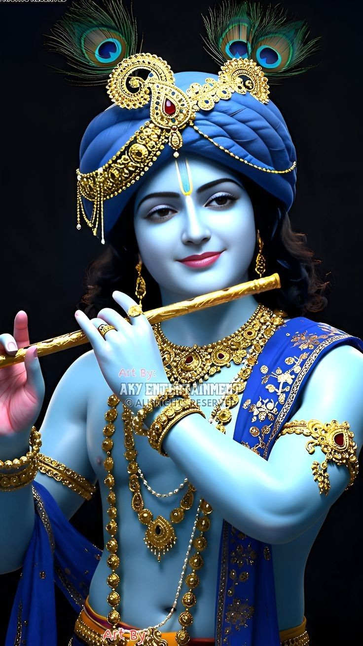 Krishna playing the flute with peacock feather