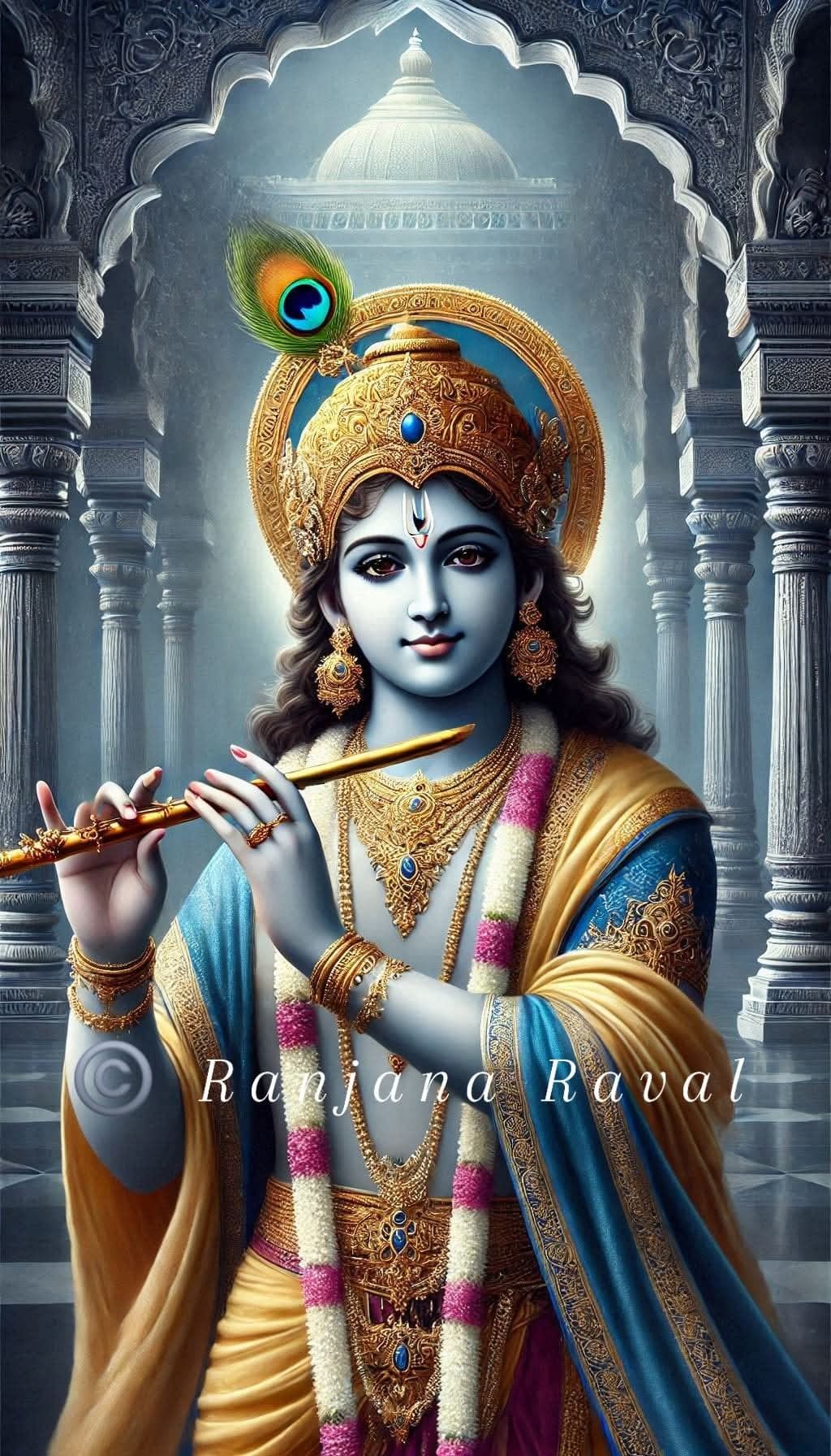 Lord Krishna playing the flute, divine portrait