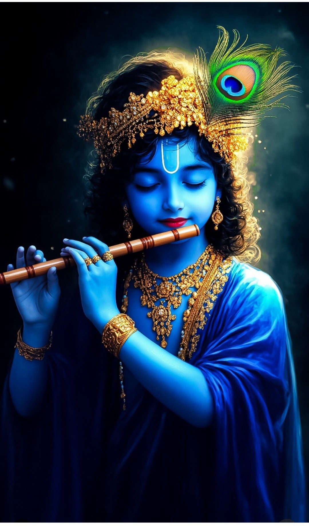 Krishna playing flute with peacock feather