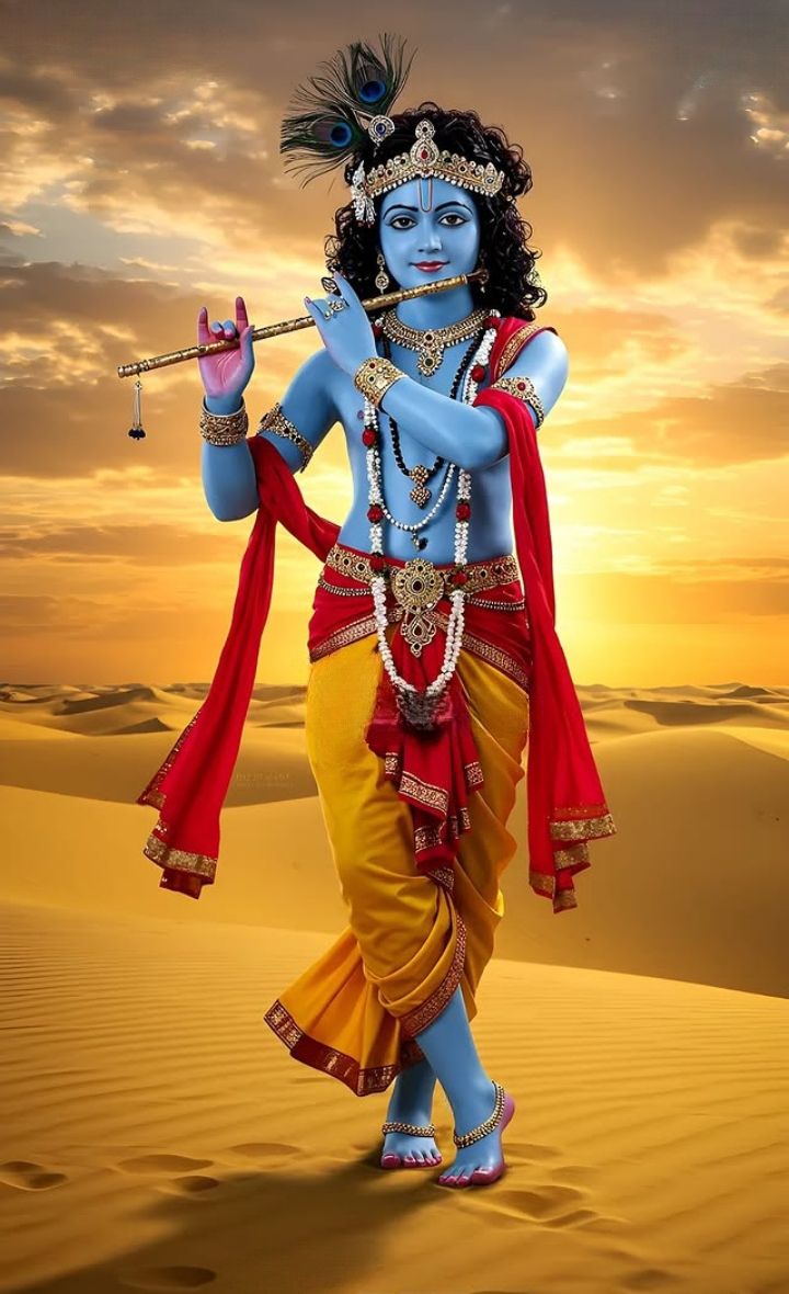 Lord Krishna playing a flute during sunset
