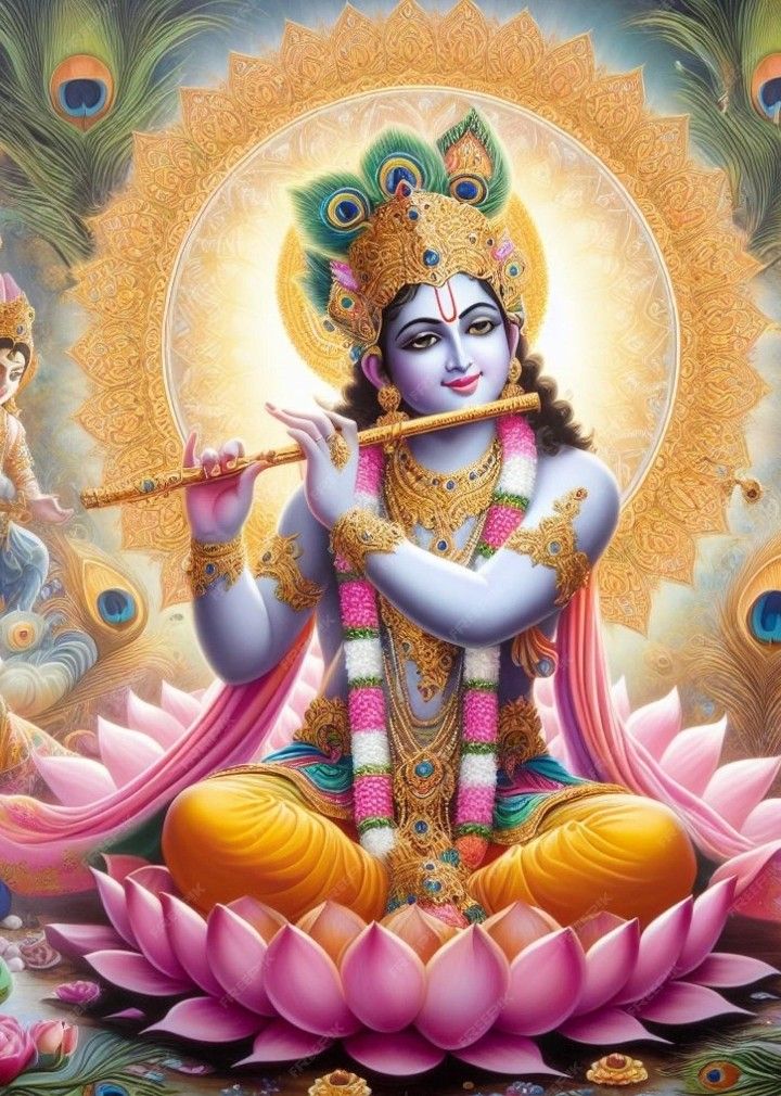Krishna playing the flute on a lotus