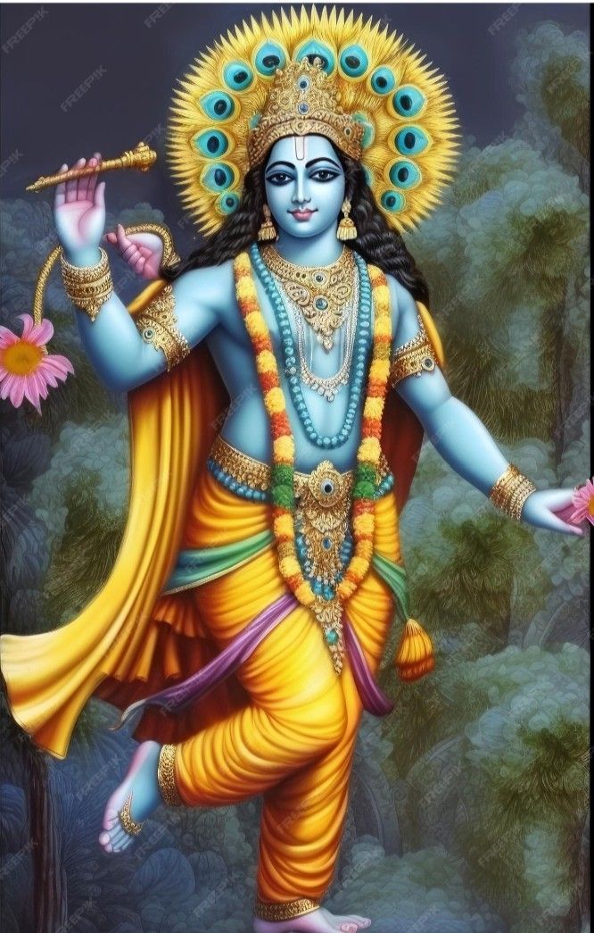 Krishna playing flute with peacock feather