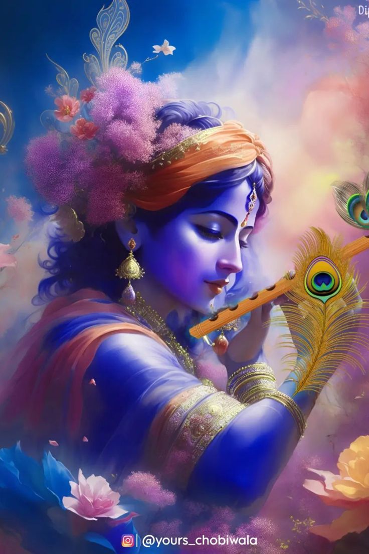 Krishna playing flute with peacock feather