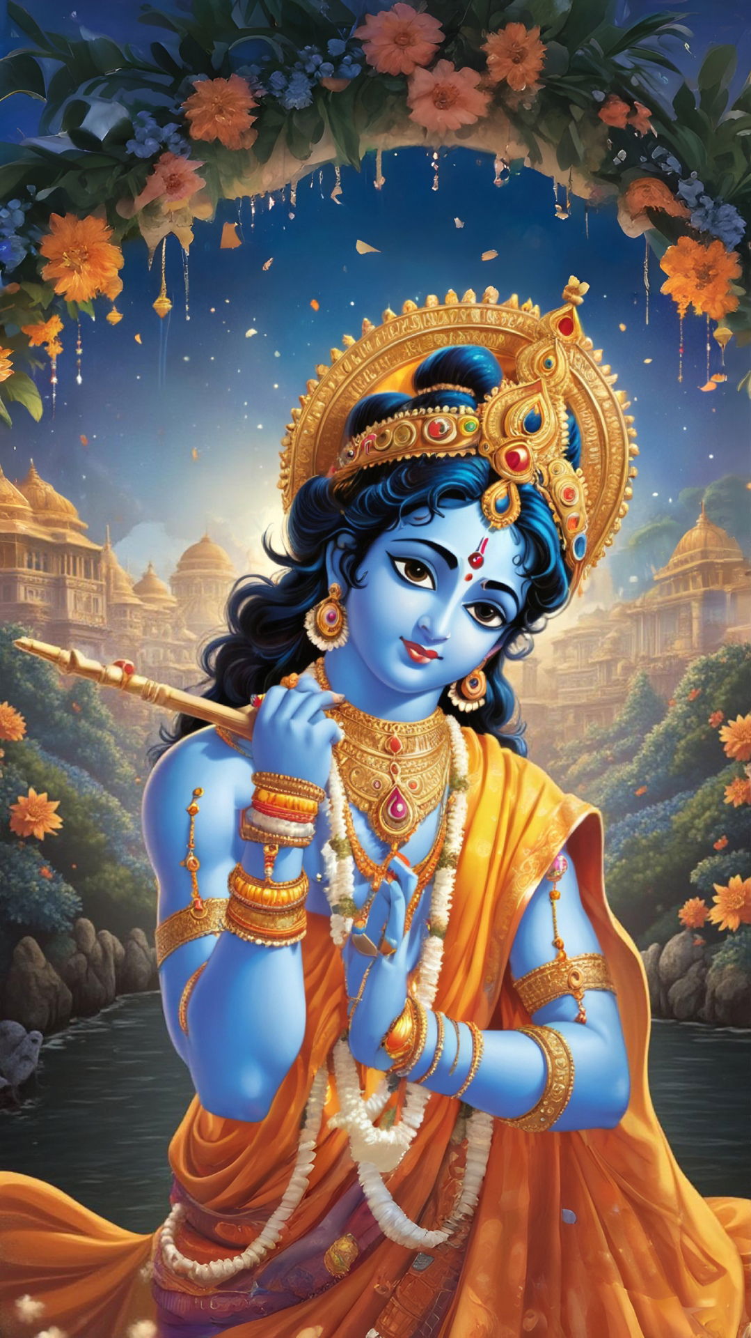 Lord Krishna playing a flute in Vrindavan