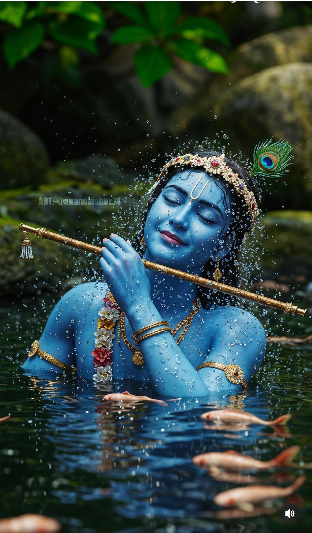Lord Krishna playing flute in water