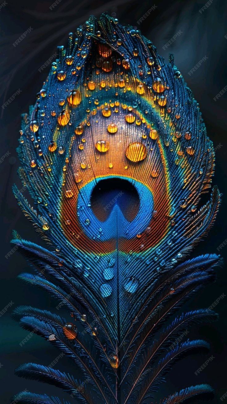Close-up peacock feather with water droplets