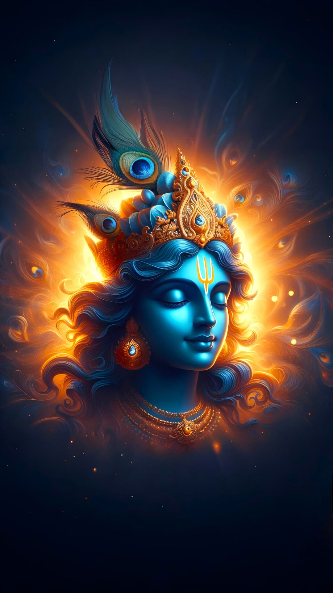 Radiant Krishna portrait with peacock feather