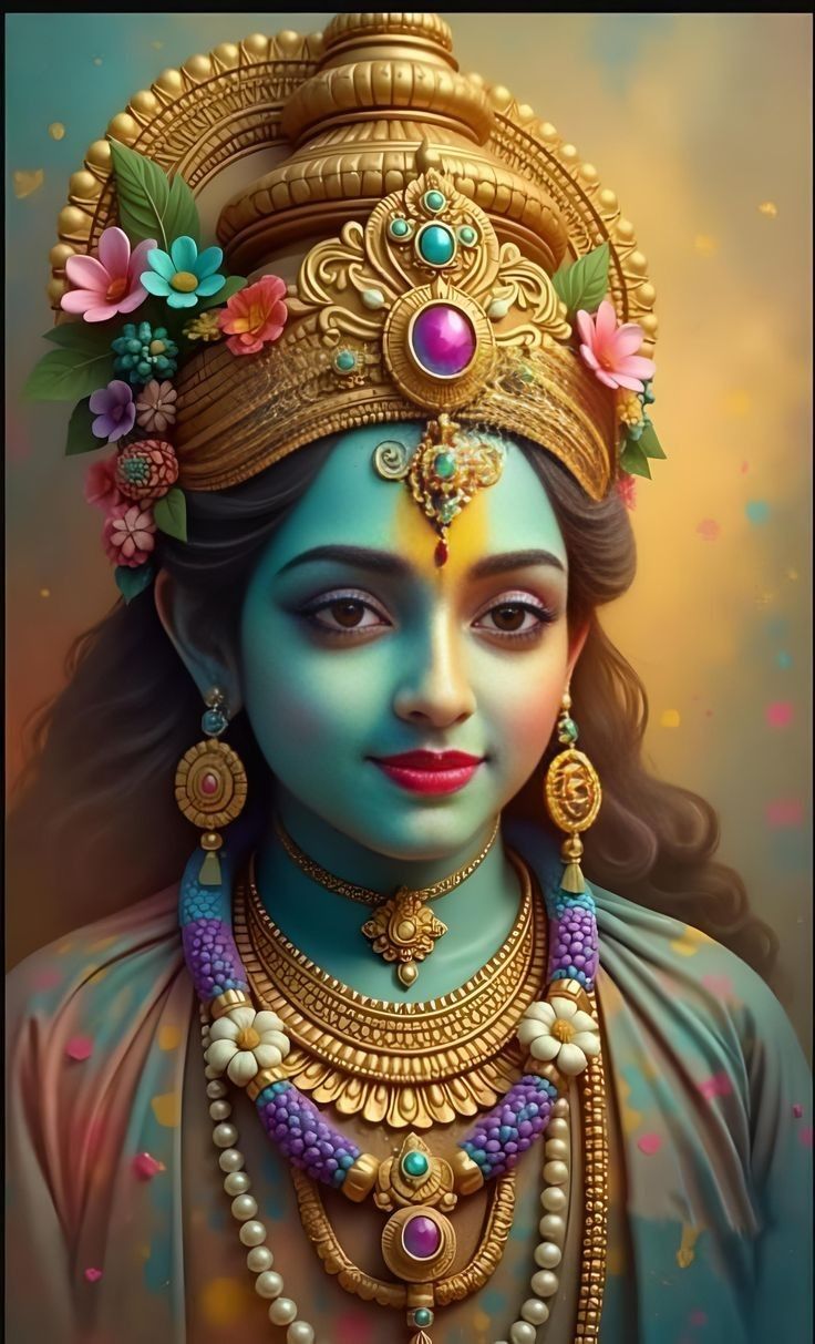 Blue-skinned Krishna with floral crown