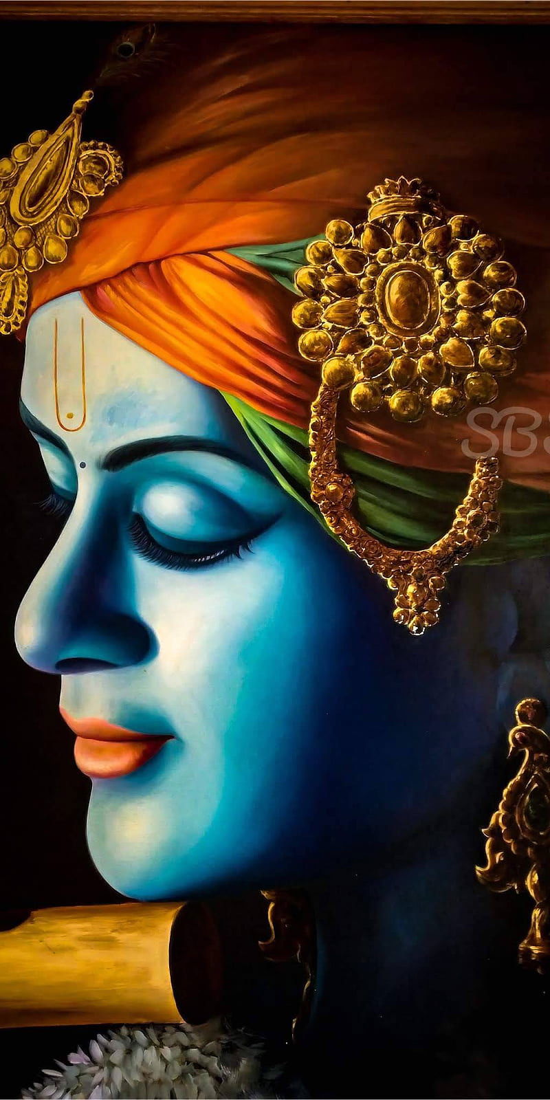Serene Krishna face with flute